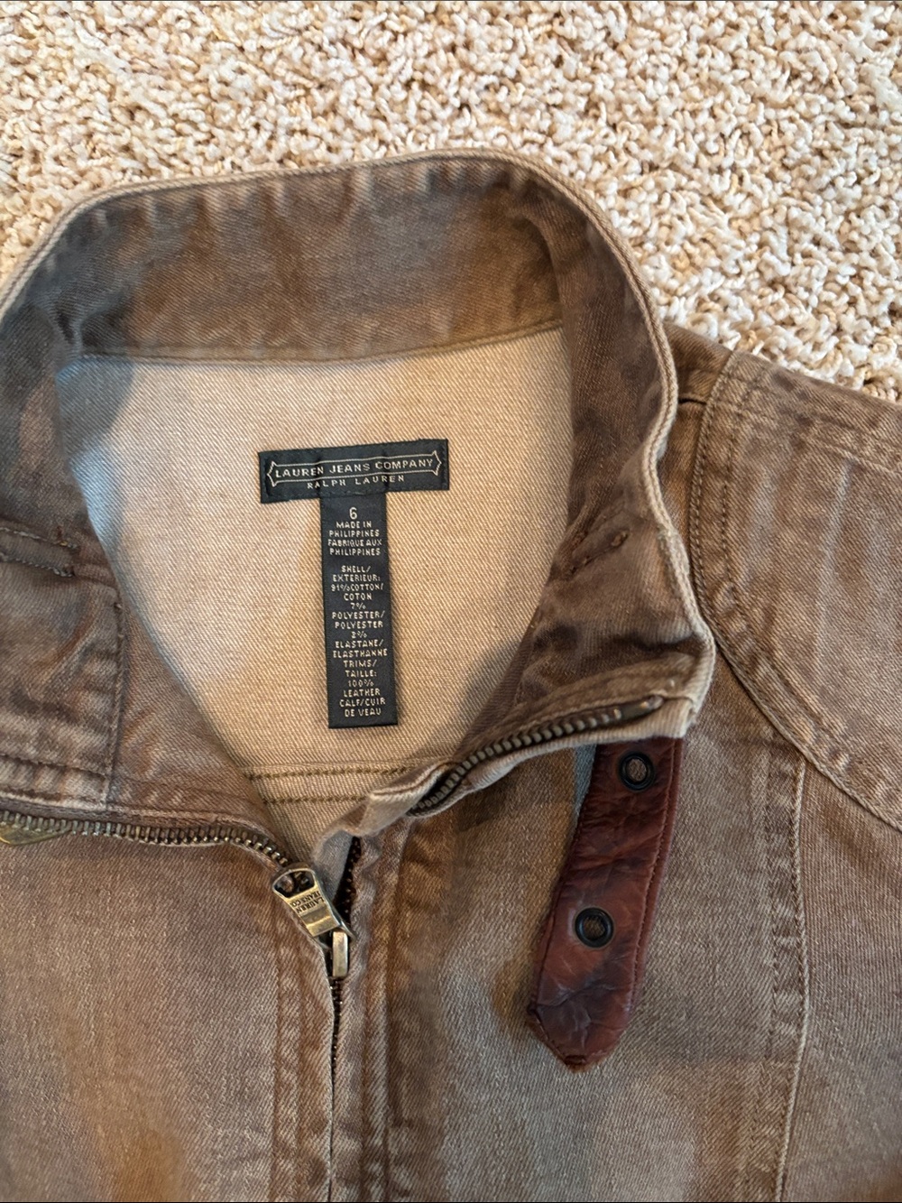 Ralph Lauren Taupe Utility Jean Jacket with leather trim - Picture 2 of 5